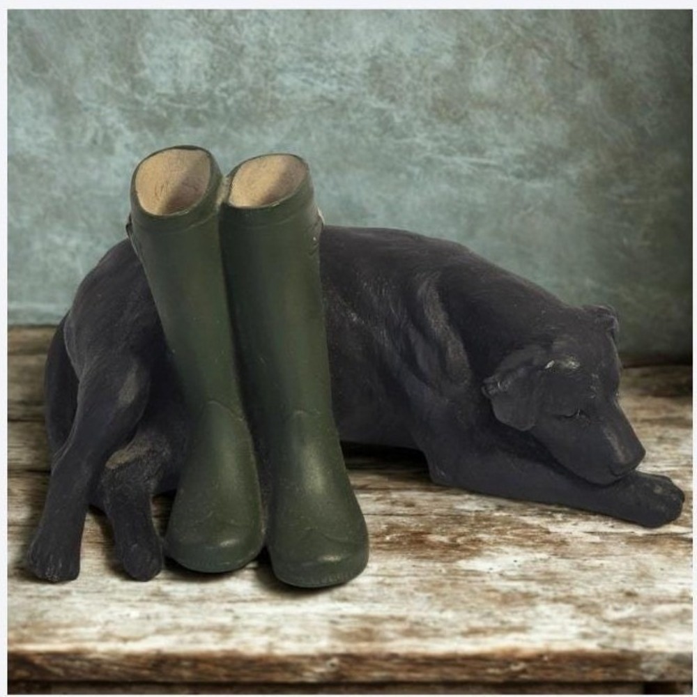 Vintage Black Labrador‎ Dog Figurine with Green Wellington Boots For Collector